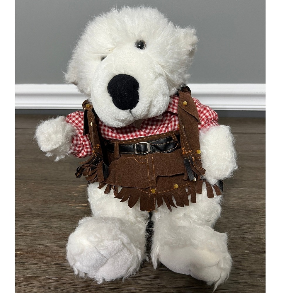 Bear Factory White Plush Cowboy Bear Wild West Collection Red Gingham Shirt 10"